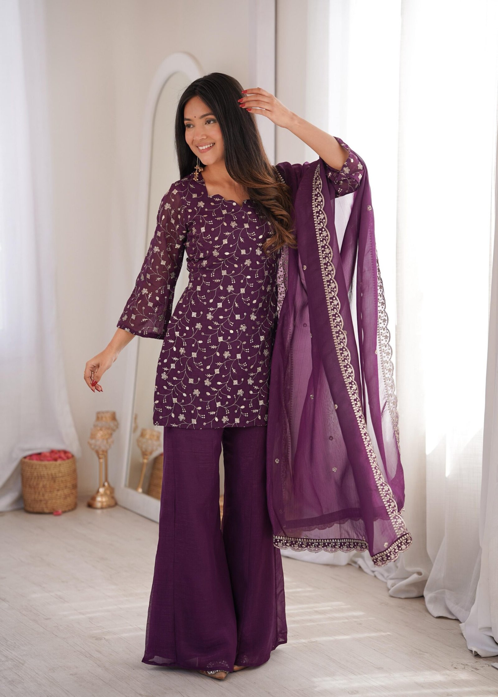 PRESENTING NEW CRUNCHY SILK FABRIC WITH EMBROIDERY SEQUENCE AND JARI WORK,TOP WITH DUPPTA SET,BELL BOTTOM PENT READY TO WEAR FABRIC : silk - Image 5