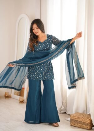PRESENTING NEW CRUNCHY SILK FABRIC WITH EMBROIDERY SEQUENCE AND JARI WORK,TOP WITH DUPPTA SET,BELL BOTTOM PENT READY TO WEAR FABRIC : silk
