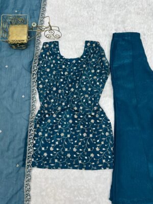 Alternative view of PRESENTING NEW CRUNCHY SILK FABRIC WITH EMBROIDERY SEQUENCE AND JARI WORK,TOP WITH DUPPTA SET,BELL BOTTOM PENT READY TO WEAR  FABRIC : silk