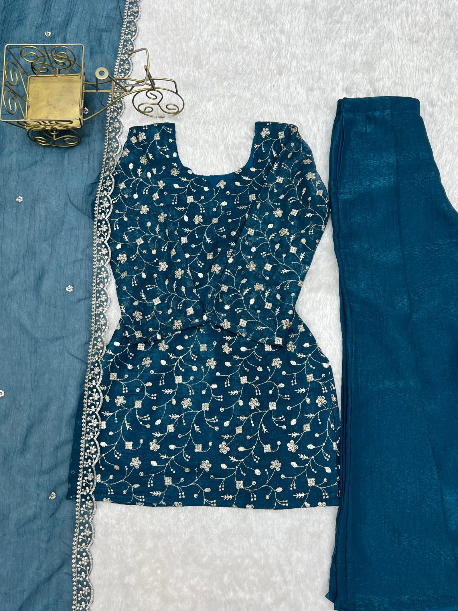 PRESENTING NEW CRUNCHY SILK FABRIC WITH EMBROIDERY SEQUENCE AND JARI WORK,TOP WITH DUPPTA SET,BELL BOTTOM PENT READY TO WEAR FABRIC : silk - Image 2