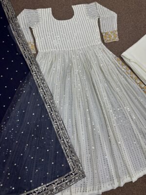 Alternative view of New Launching 3 Piece Suit Hit Design Collection Beautiful Embroidery And 5mm Sequins Work Nyra Cut Kurti - Plazzo With Dupatta