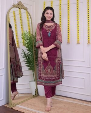 Featuring Rajhans Muslin Pakistani Suit which is beautifully decorated with digital prints and hand embroidery. It is absolutely perfect for your upcoming occasions, it is very easy breezy and comfortable.