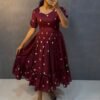 This dress is a beautifully designed, festive and comfortable gown, Perfect for festive occasions, casual outings, or date nights, this dress is a beautiful blend of style and grace. Pair it with minimal accessories and stylish footwear to complete the look!
