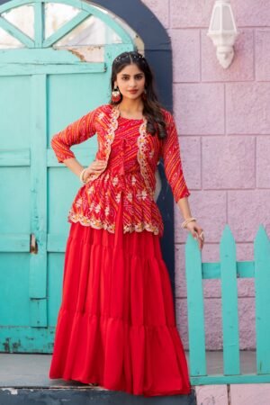 Alternative view of Holi special Bandhej Lehenga crop top & jecket