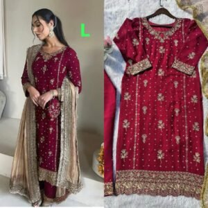DESIRABLE FANCY FAUX GEORGETTE WITH SEQUENCE EMBROIDERED AND ORIGINAL MOTTI HANDMADE WORK TOP AND PENT WITH DUPATTA 3 COLOUR