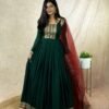 This gown made from  vichitra silk fabric with Jacquard weaving zari border And Soft Net Duppatta with lace border