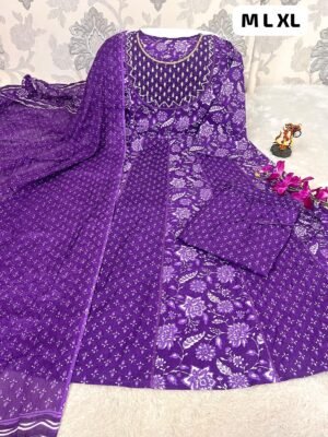 Design: Elegant Purple Anarkali Kurti jisme khoobsurat floral hand-block print ya screen print ka kaam hai.