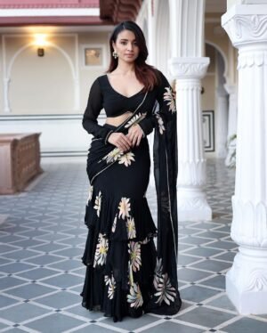One More Super Hit Georgette Ruffle Ready To Wear Saree With Readymade Blouse Design Launch
