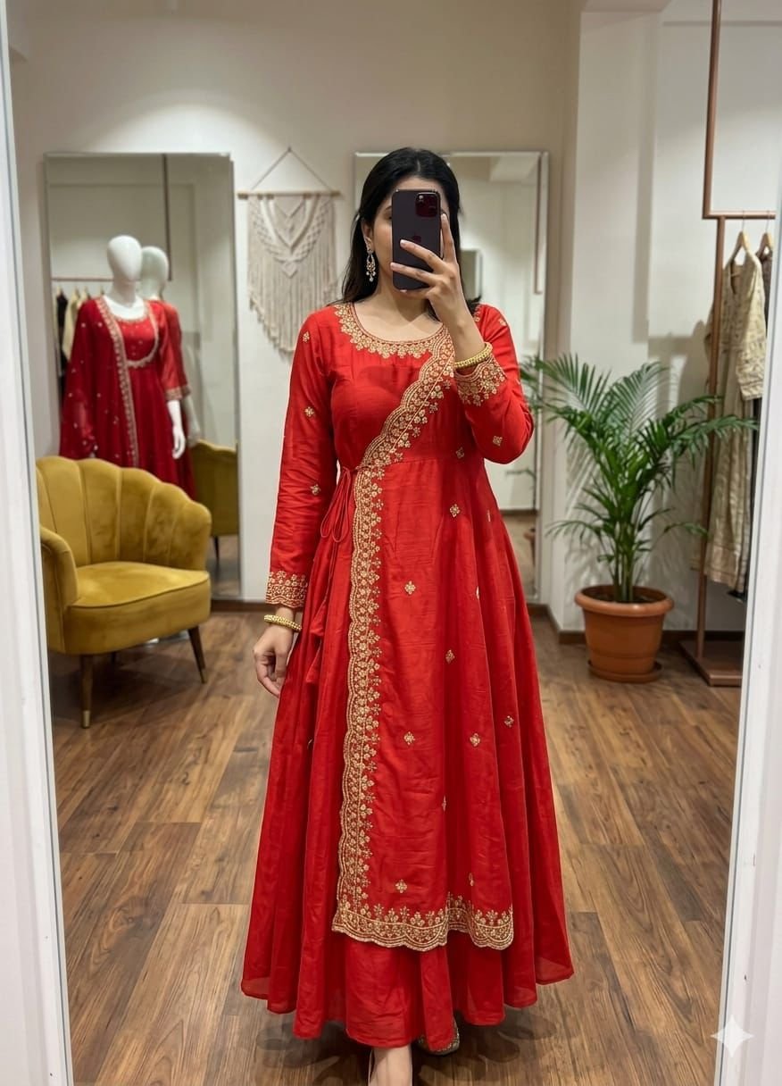 This dress features a sophisticated Angrakha-style long-length dress in beautiful shades blending traditional silhouette with modern elegance.