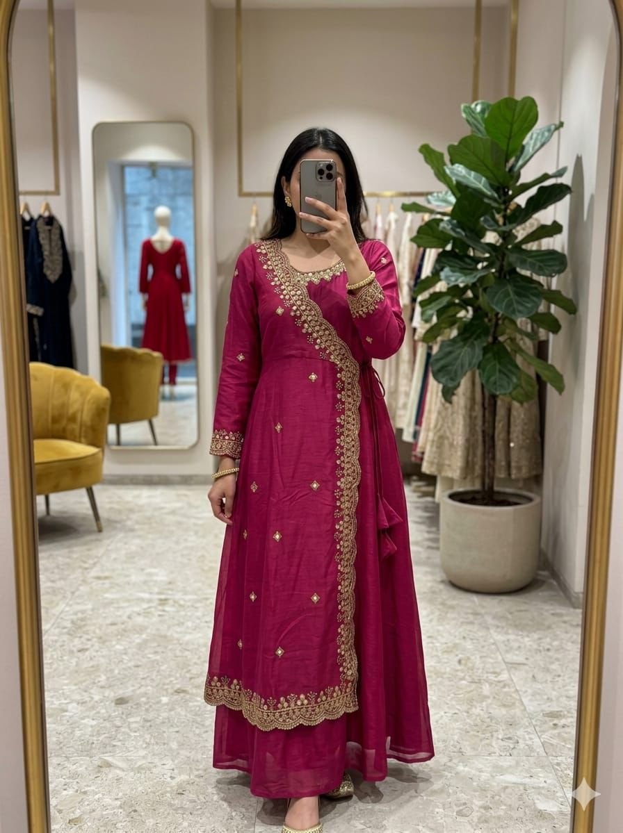 This dress features a sophisticated Angrakha-style long-length dress in beautiful shades blending traditional silhouette with modern elegance. - Image 5