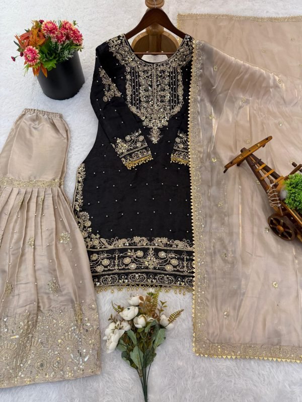 Presenting New Designer Collection In Pure Heavy GMY SILK With Heavy Embroidery Coding Dori-Sequence Work Top-Bottom And Dupatta Set Fully Stitched Ready To Wear - Image 4