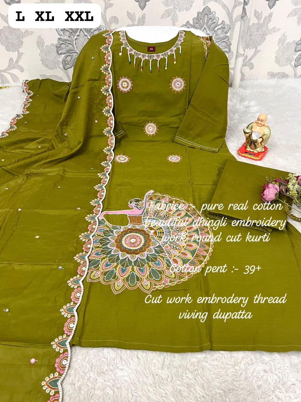 STUNNING COTTON ETHNIC SET – NEW ARRIVAL Elevate your wardrobe with our latest handcrafted collection! This beautiful olive-green ensemble combines traditional artistry with everyday comfort. - Image 3