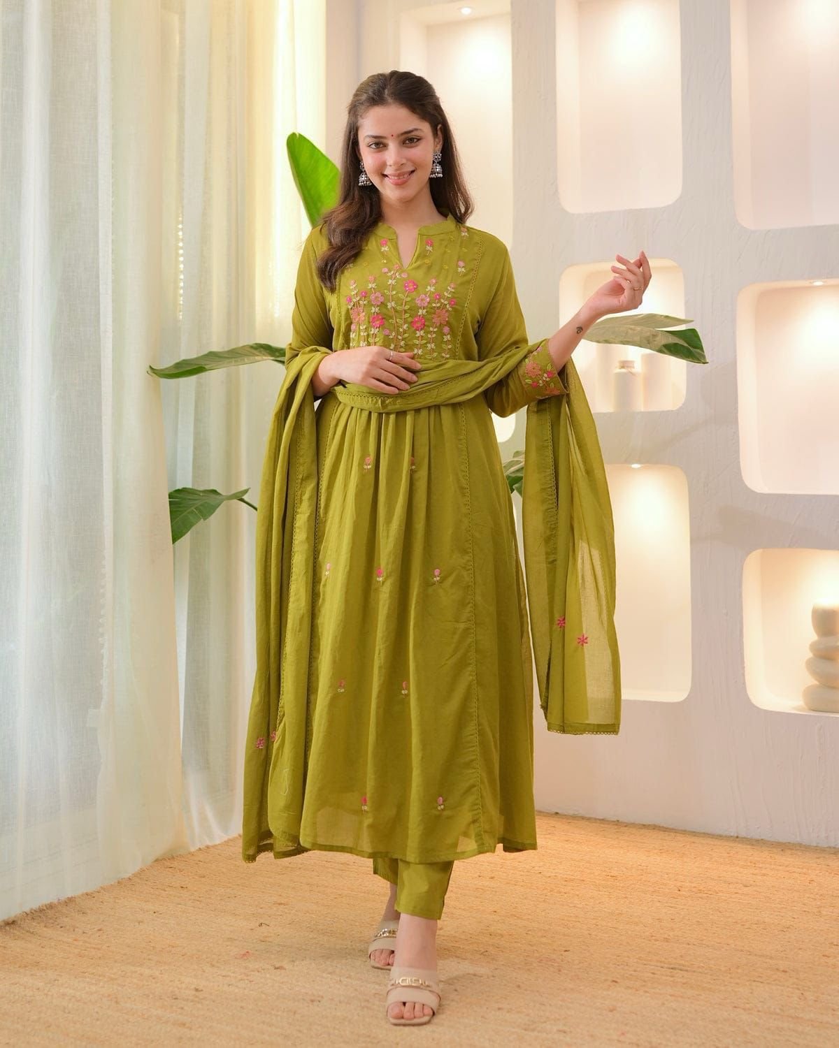 Prepare to get overwhelmed with a swirl of compliments by dressing yourself in this cotton Fabric coordinate set with fully embroidery on kurti ,sleeves and dupatta .It is also perfect for office, brunch outings, cards night and airport look*.
