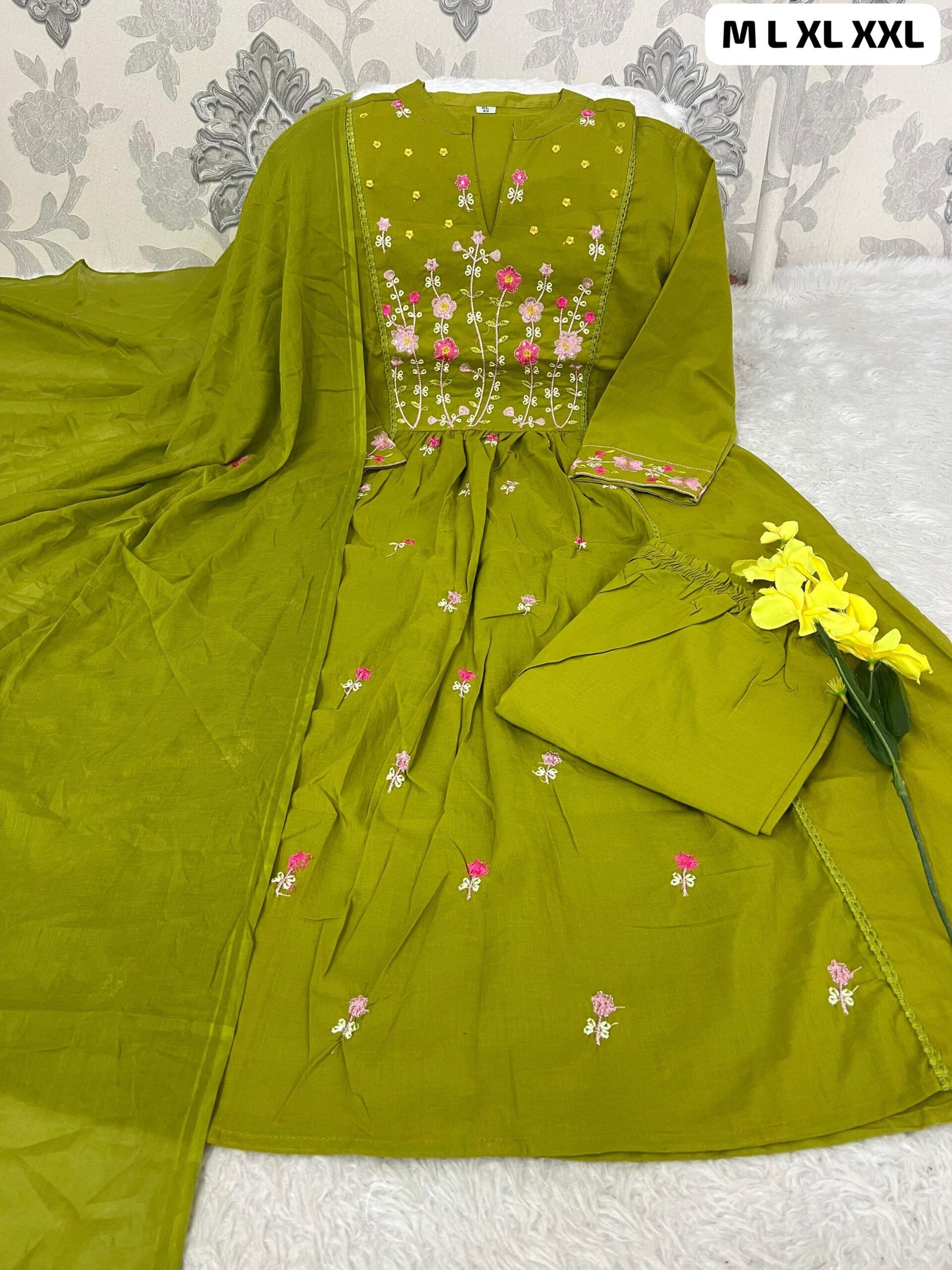 Prepare to get overwhelmed with a swirl of compliments by dressing yourself in this cotton Fabric coordinate set with fully embroidery on kurti ,sleeves and dupatta .It is also perfect for office, brunch outings, cards night and airport look*. - Image 2