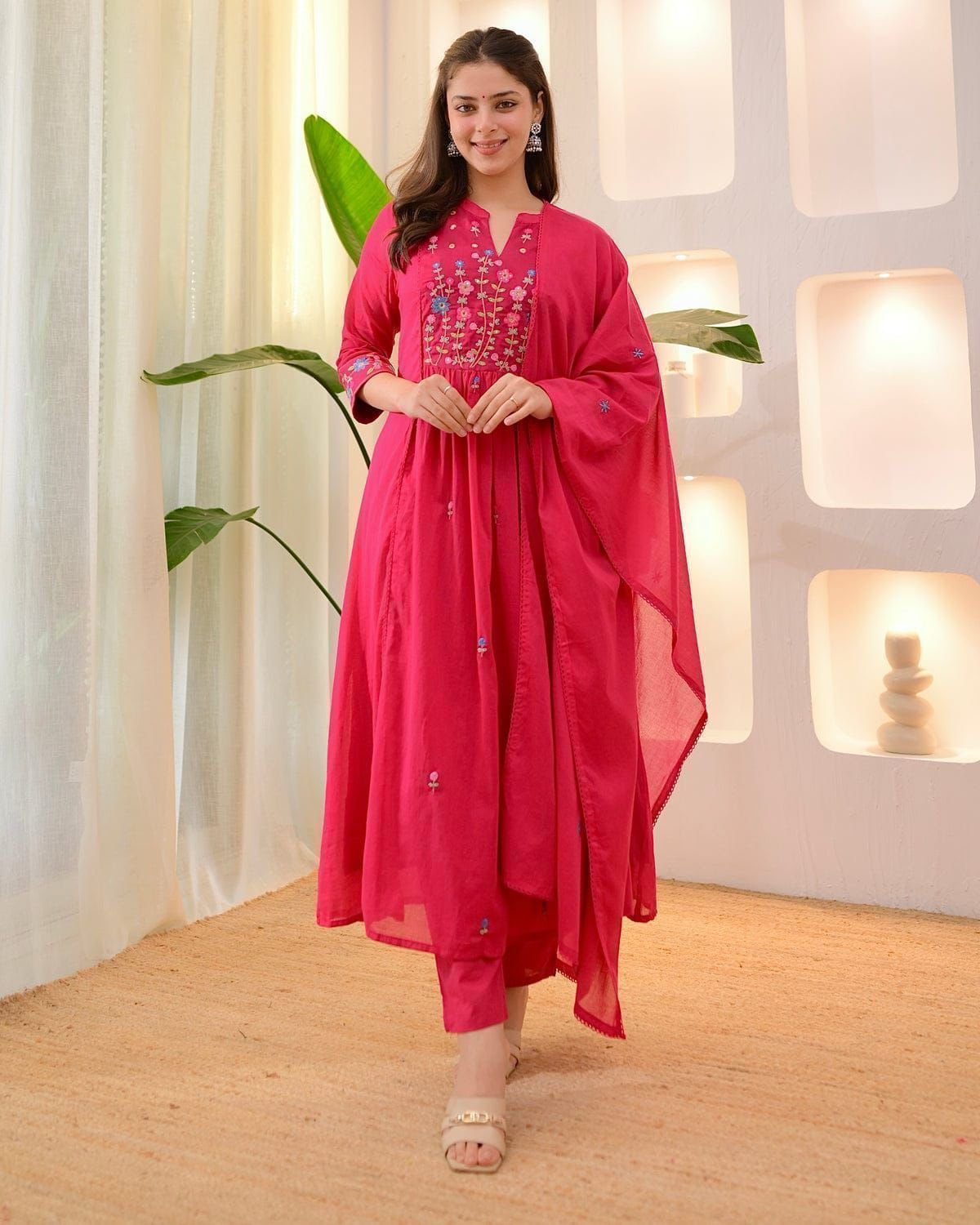 Prepare to get overwhelmed with a swirl of compliments by dressing yourself in this cotton Fabric coordinate set with fully embroidery on kurti ,sleeves and dupatta .It is also perfect for office, brunch outings, cards night and airport look*. - Image 3