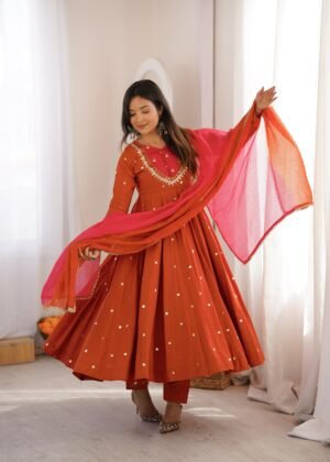 Elegant Embroidered Sequence With Real Mirror Designer Anarkali Three Piece Set"