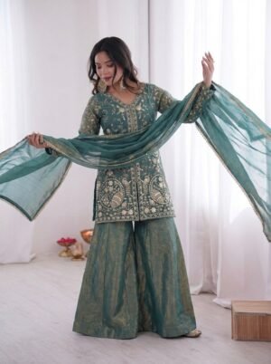 Launching New Party Wear Look Pur Heavy Fendy Silk Top Plazzo & Dupatta Set