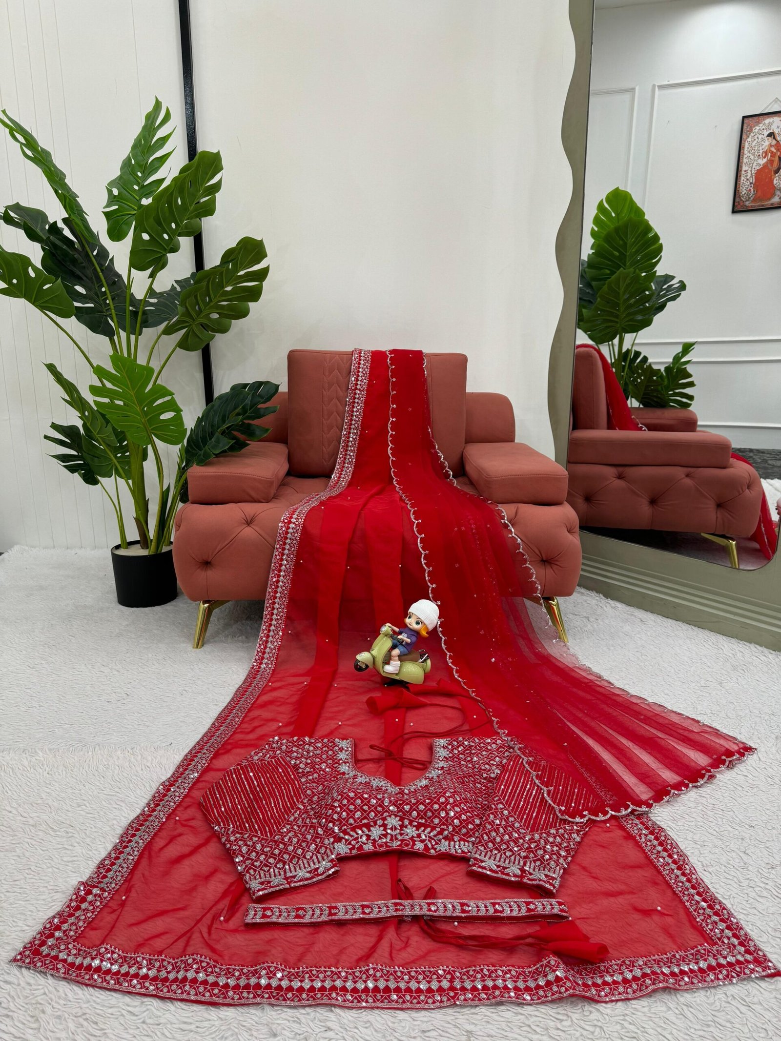 Fall in love with this stunning saree in an eye-catching shade, crafted with finesse and rich detailing. A perfect blend of grace and glam For Karwa Chauth. - Image 2