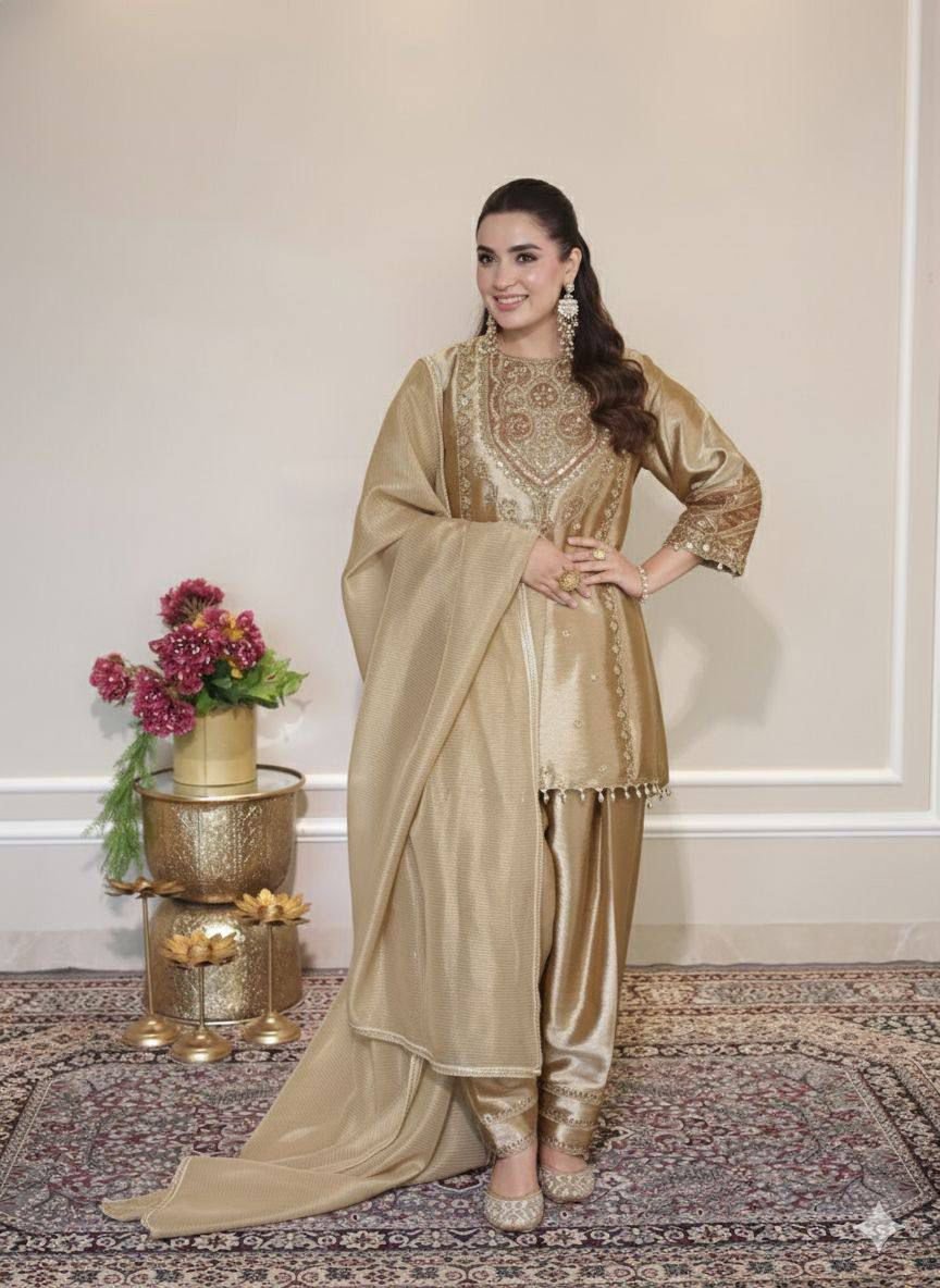 EXCLUSIVE AND TRENDY FOR WEDDING SEASON OUT SEQUENCE EMBROIDERED TOP, SALWAAR AND DUPATTA