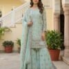 "Dipped in delicate mint and adorned with intricate embroidery. Loving this stunning Sharara set for a festive occasion!
