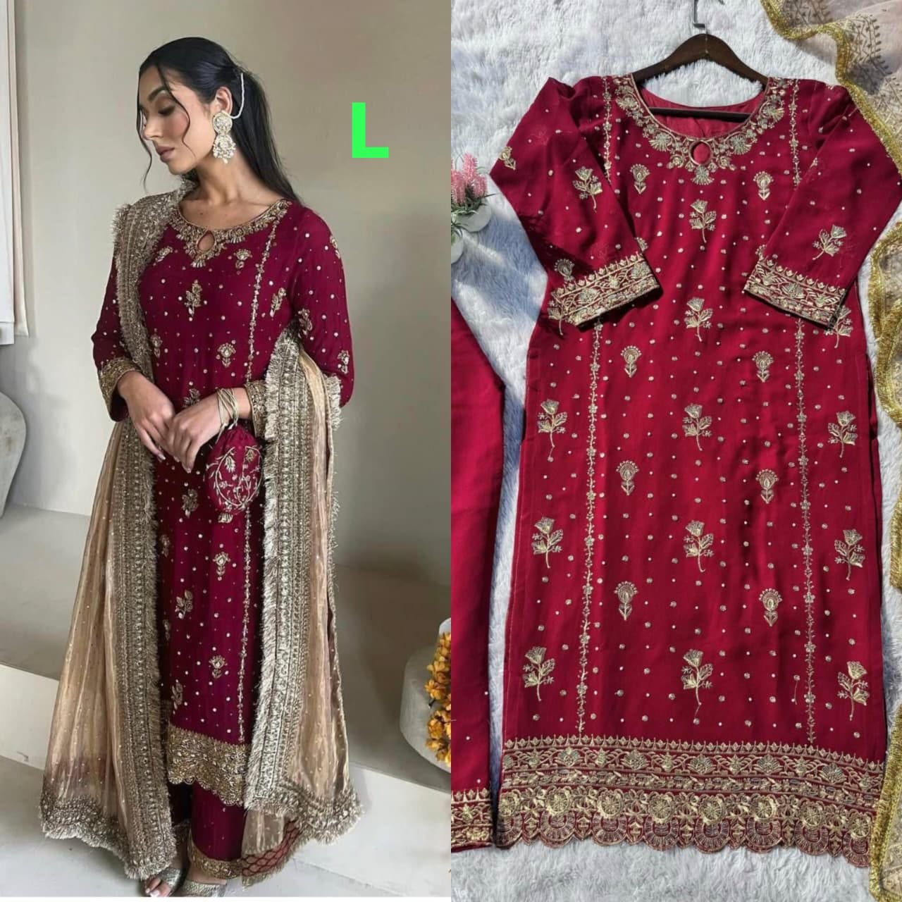 DESIRABLE FANCY FAUX GEORGETTE WITH SEQUENCE EMBROIDERED AND ORIGINAL MOTTI HANDMADE WORK TOP AND PENT WITH DUPATTA 3 COLOUR