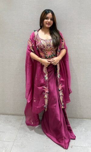 FOR PARTY AND WEDDING SEASON OUR 3 PIECE INDO WESTERN SHRUG ,DHOTI AND BLOUSE WITH SEQUENCE EMBROIDERY WORK