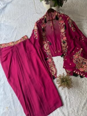 Alternative view of FOR PARTY AND WEDDING SEASON OUR 3 PIECE INDO WESTERN SHRUG ,DHOTI AND BLOUSE WITH SEQUENCE EMBROIDERY WORK