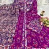 Design: Elegant Purple Anarkali Kurti jisme khoobsurat floral hand-block print ya screen print ka kaam hai.