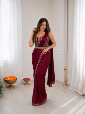 Experience effortless luxury with this premium ready-to-wear saree. Expertly tailored with precise pleats and a refined finish, it delivers a sophisticated look without compromising comfort.