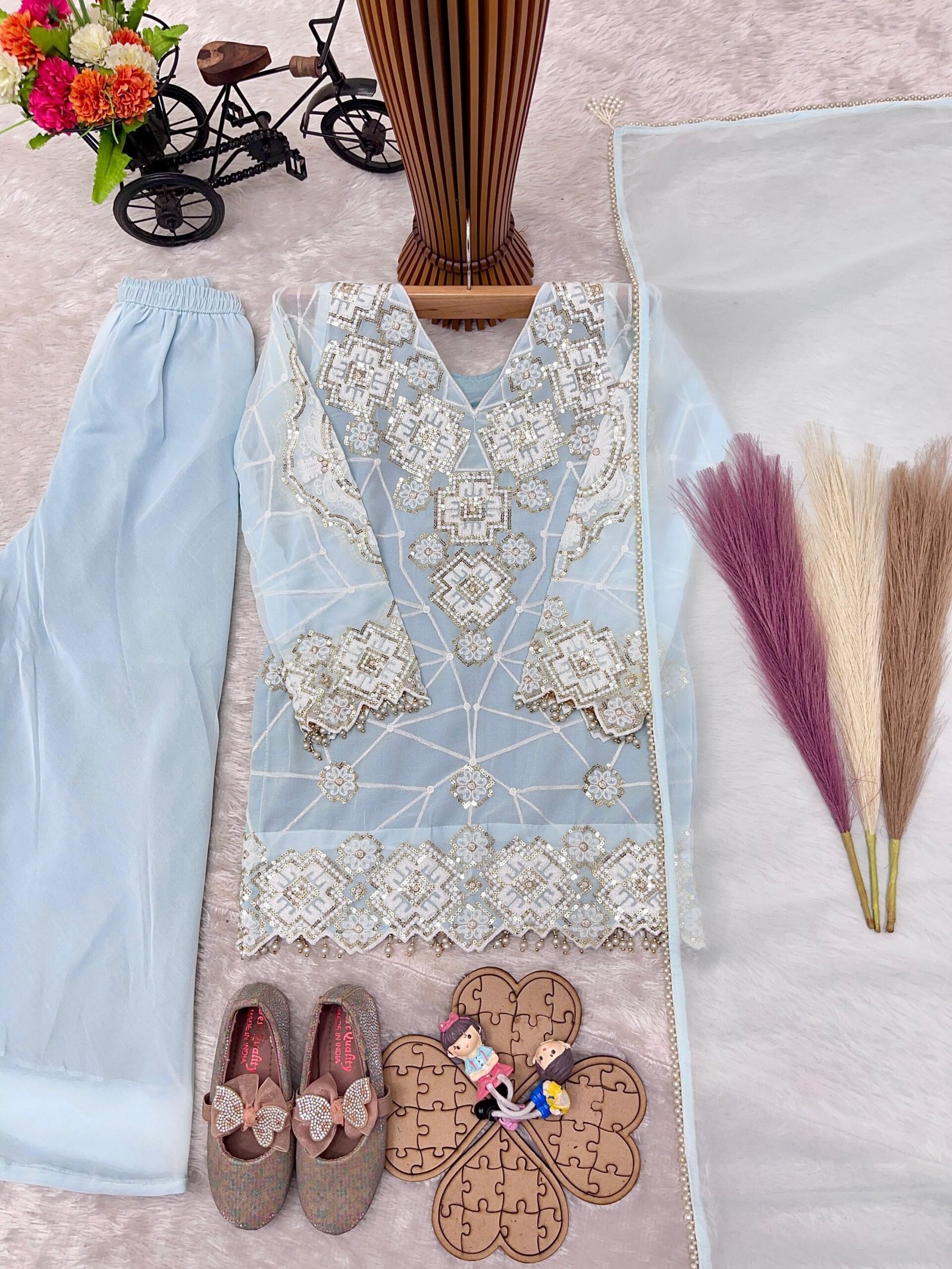 EXCLUSIVE AND TRENDY FOR WEDDING SEASON OUR SEQUENCE EMBROIDERY WORKED TOP, PALAZZO AND DUPATTA - Image 4