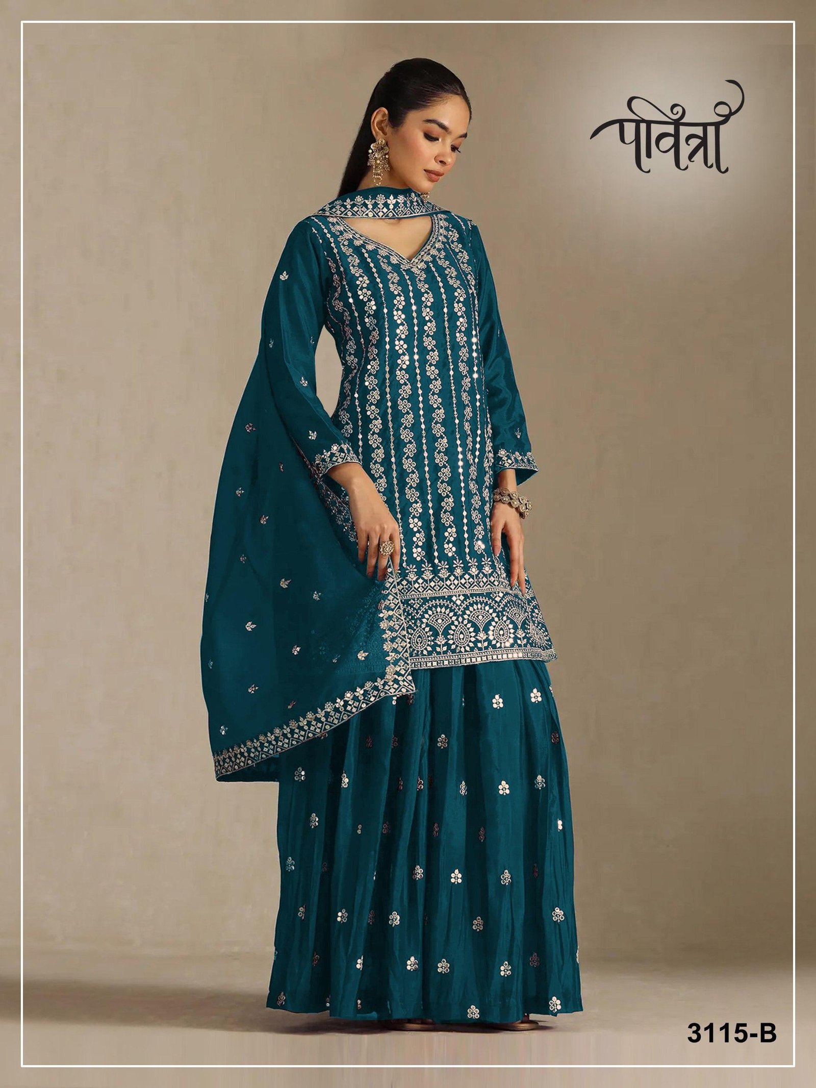Heavy Chinon with Heavy Embroidered 7mm Sequence & Zari Work - Image 7