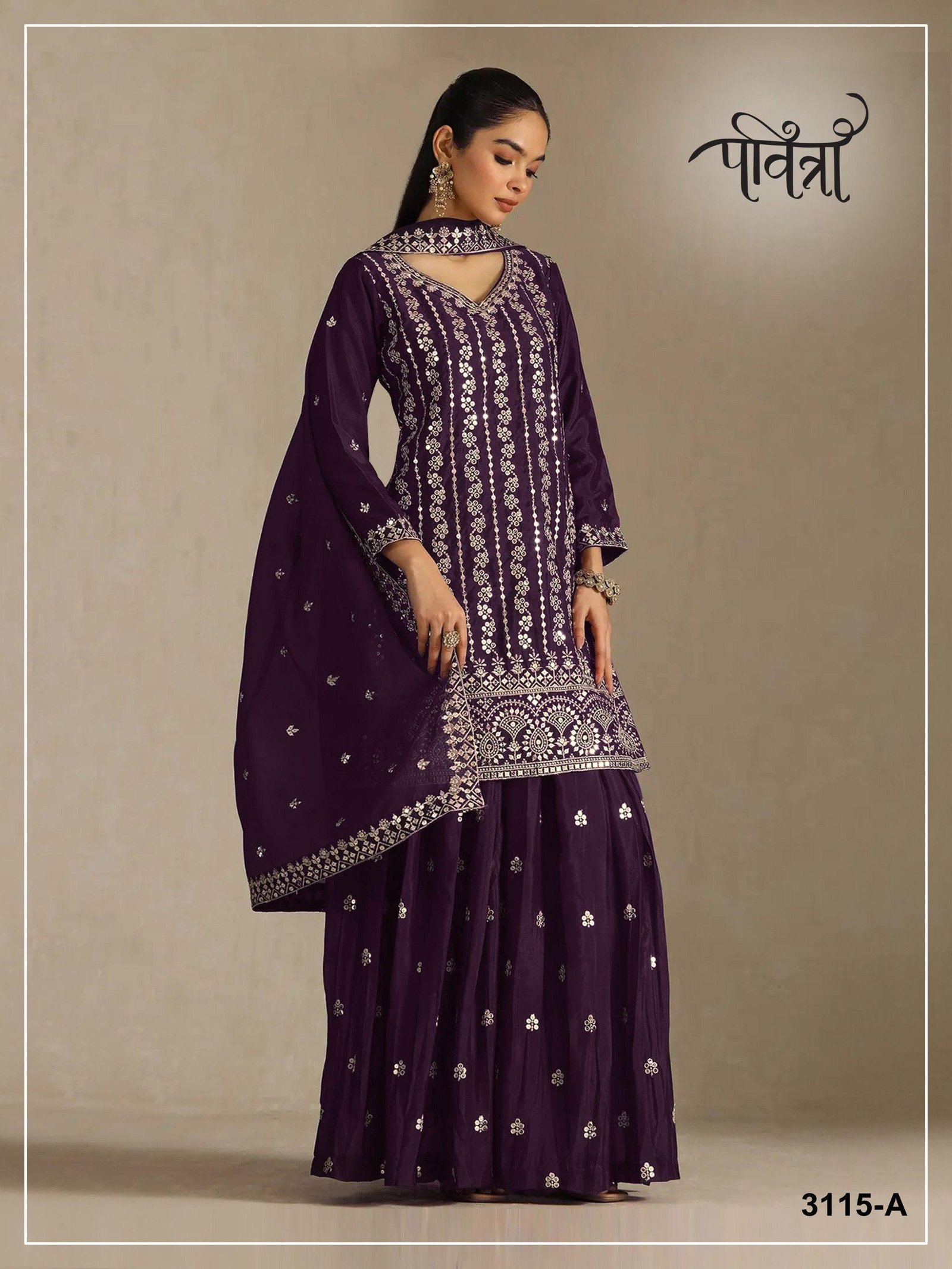 Heavy Chinon with Heavy Embroidered 7mm Sequence & Zari Work - Image 3