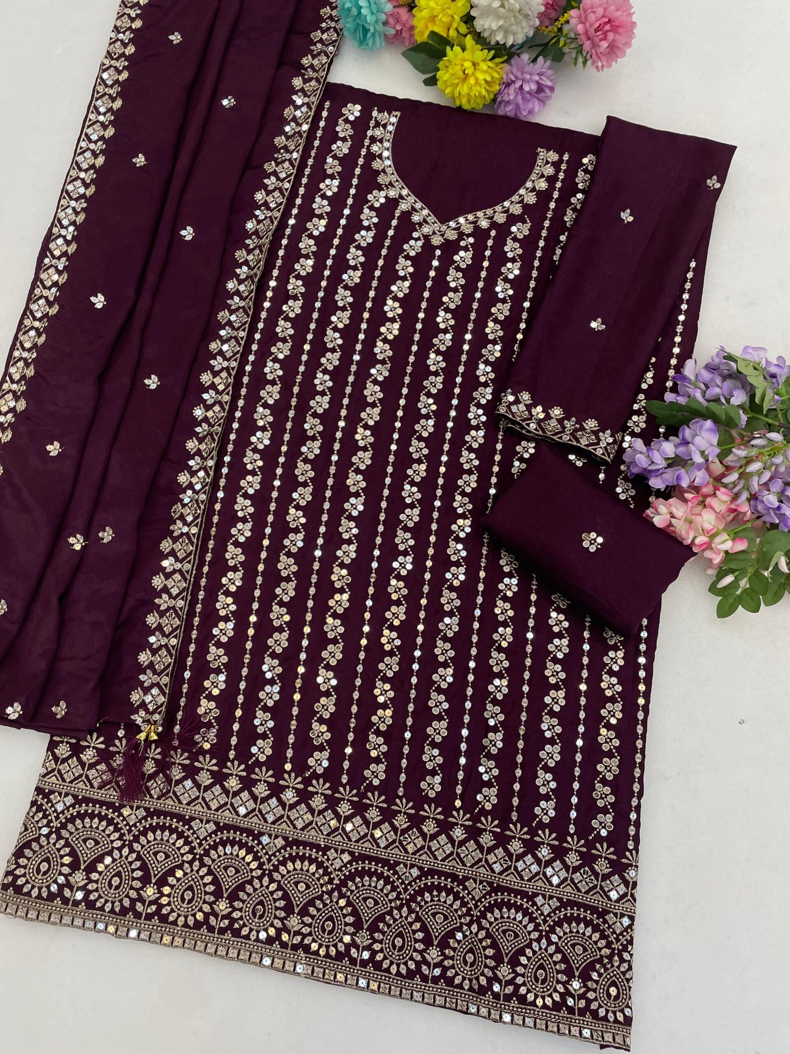 Heavy Chinon with Heavy Embroidered 7mm Sequence & Zari Work - Image 4