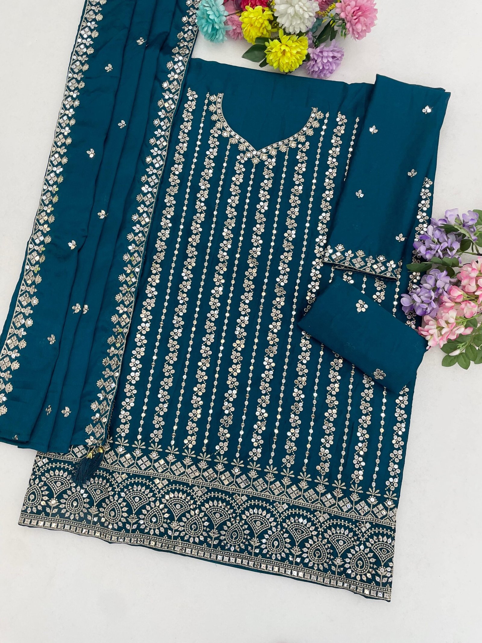 Heavy Chinon with Heavy Embroidered 7mm Sequence & Zari Work - Image 8