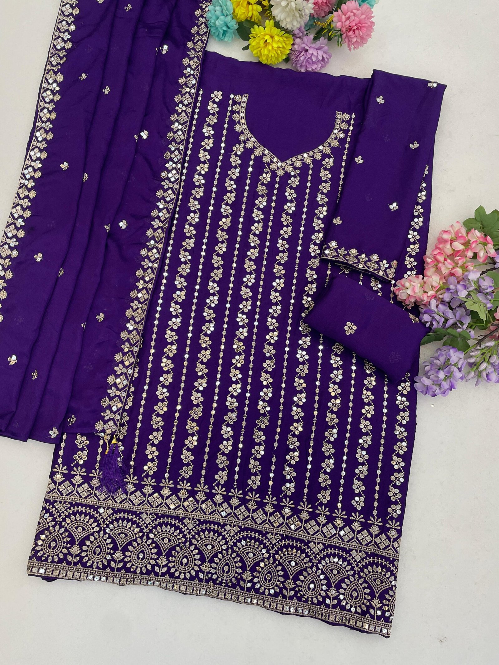Heavy Chinon with Heavy Embroidered 7mm Sequence & Zari Work - Image 2