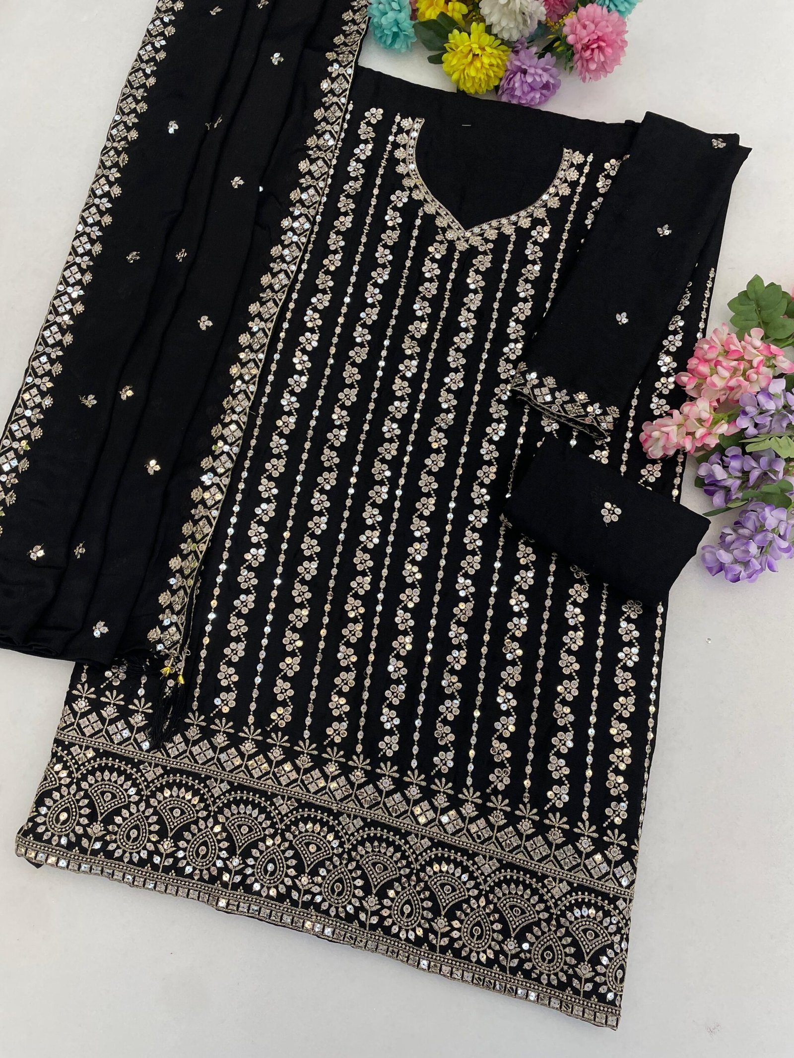 Heavy Chinon with Heavy Embroidered 7mm Sequence & Zari Work - Image 6