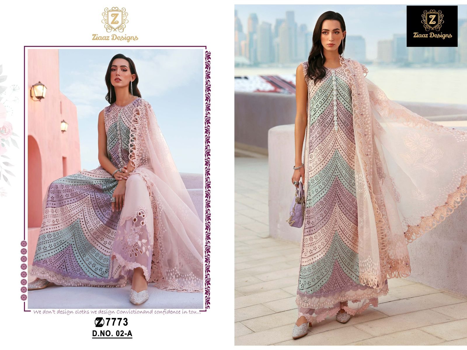 Chikenkari tricoloured heavy work embroidered suits Cotton bottoms unstitched