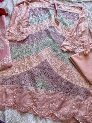Alternative view of Chikenkari tricoloured heavy work embroidered suits Cotton bottoms unstitched