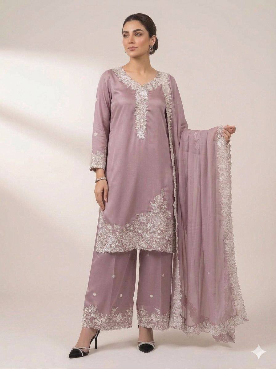 THIS EID WEAR OUR SEQUENCE EMBROIDERY WORKED TOP, PLAZZO WITH DUPATTA