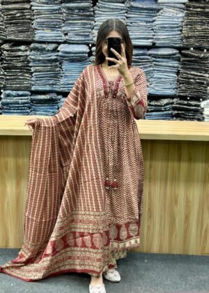 NEW ARIVELLS Ajarakh Print Anarkali Suit Set