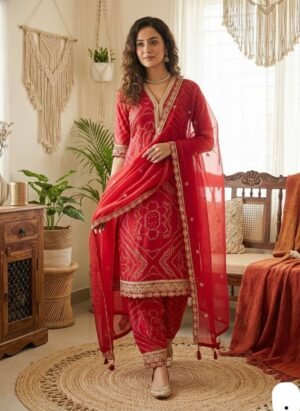 The ensemble presents a vibrant and traditional look, suitable for festive occasions or cultural events. The combination of the breathable cotton suit with the delicate net dupatta