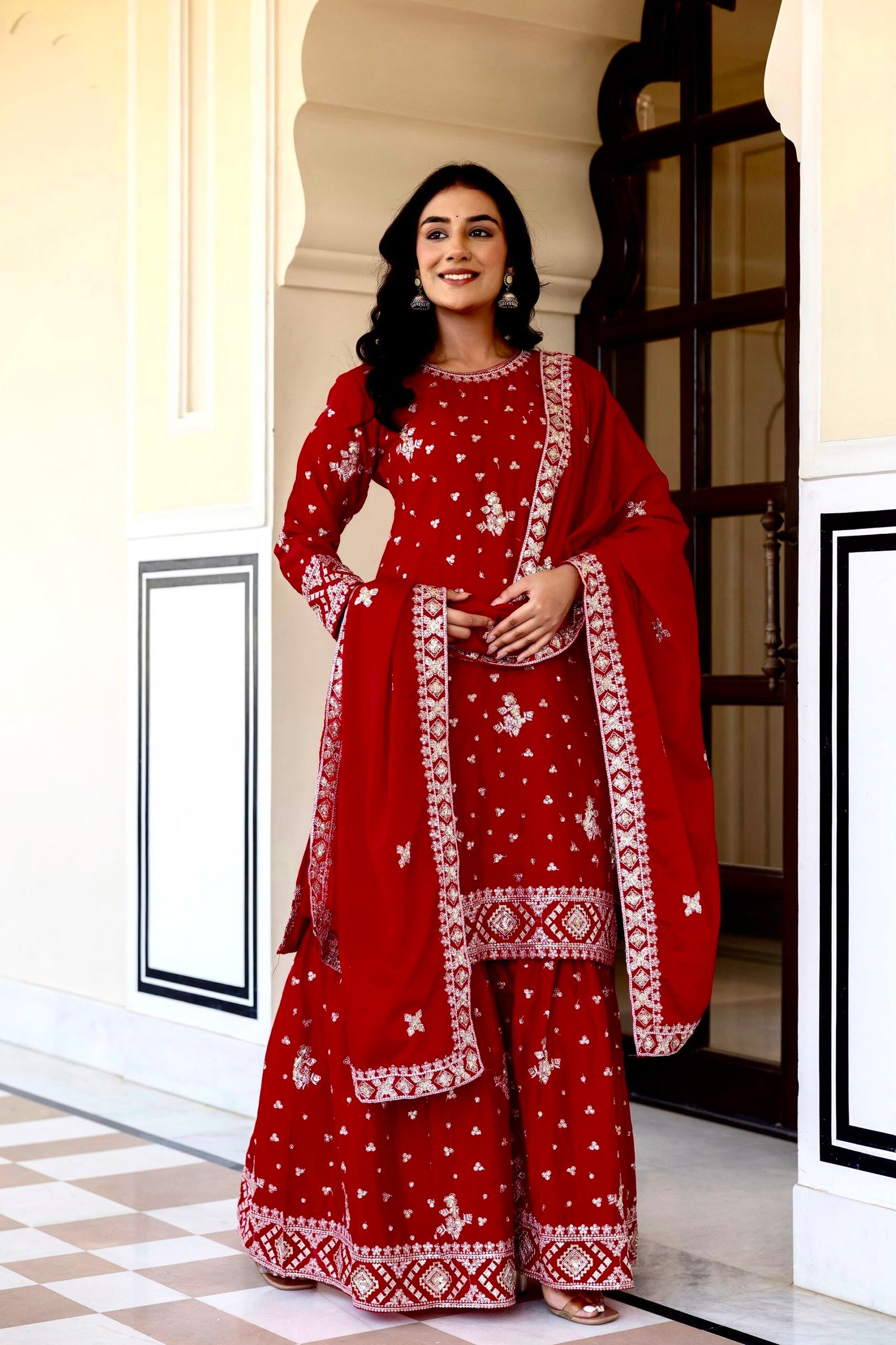 KURTI:CHINON WITH EMBROIDERY SEQUENCE DESIGN WORK