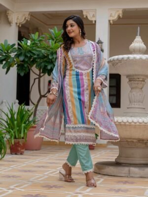 NEW Launching Women's Rayon Slub Printed straight kurta with Pant and Chinon Printed Lace Border Dupatta sets