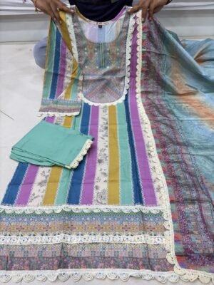 Alternative view of NEW Launching Women's Rayon Slub Printed straight kurta with  Pant and  Chinon Printed Lace Border Dupatta sets