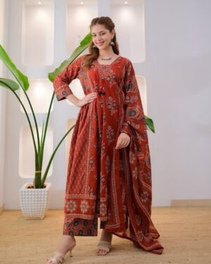 NEW ARIVELLS Ajarakh Print Anarkali Suit Set