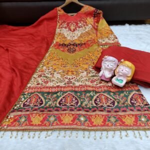Alternative view of Elevate your festive wardrobe with this breathtaking 3-piece ethnic ensemble, crafted from premium, lightweight Chinon fabric