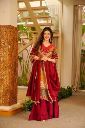 Elevate your festive wardrobe with this breathtaking 3-piece ethnic ensemble, crafted from premium, lightweight Chinon fabric