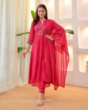 Long Cotton Kurti With Pant And Mal Mal Dupatta