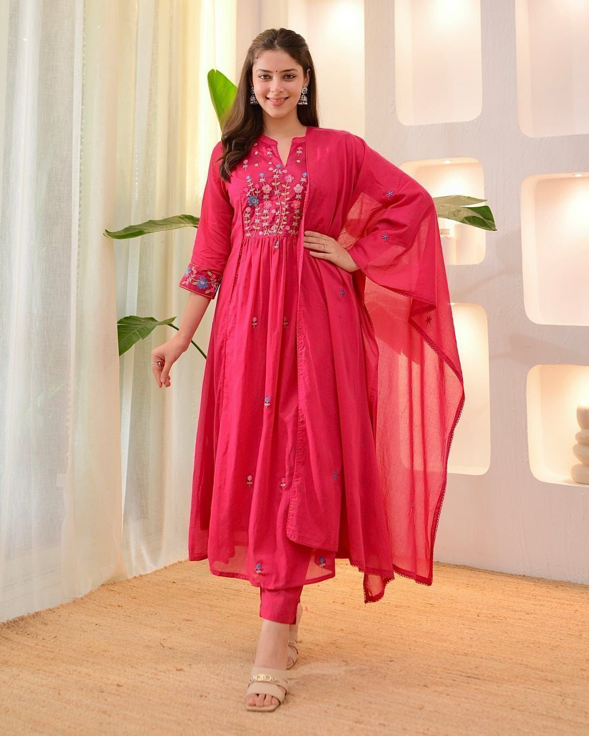 Long Cotton Kurti With Pant And Mal Mal Dupatta