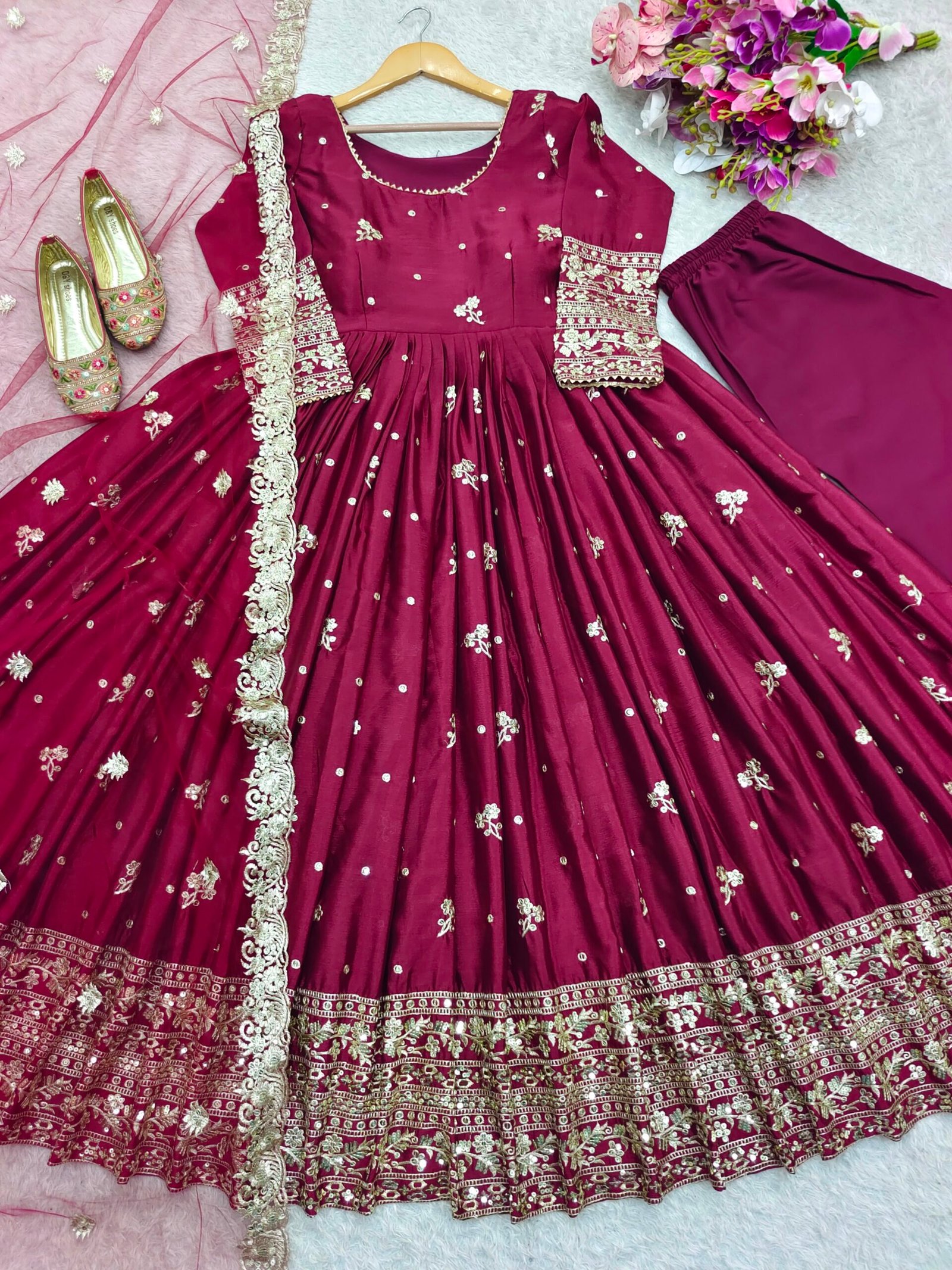 Presenting New Collection Heavy Chinon Silk Gown -Pent Dupatta Set Fully Stitched Ready To Wear - Image 2